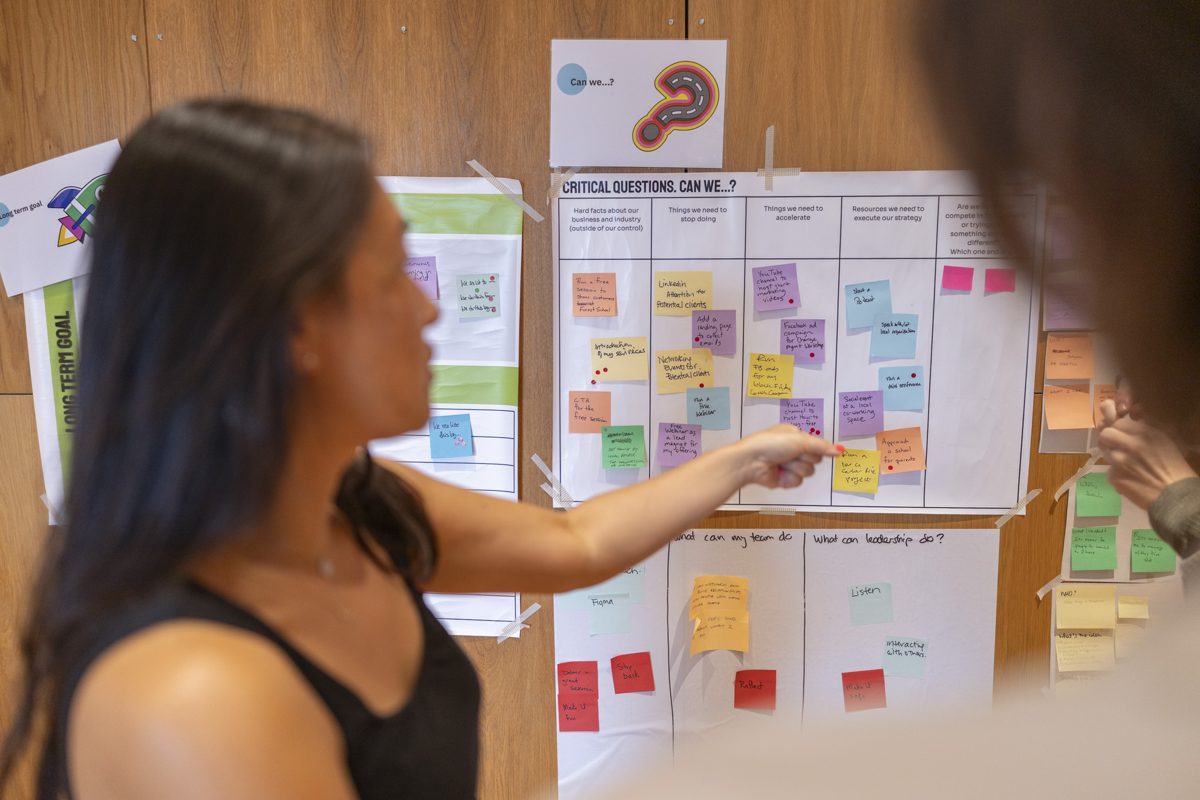 Sticky notes on a critical questions poster