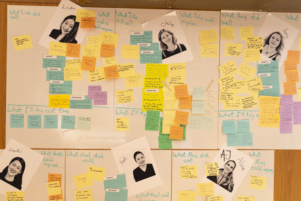 The feedback wall, covered in notes