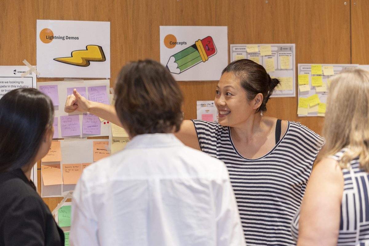 Participants working together at the wall